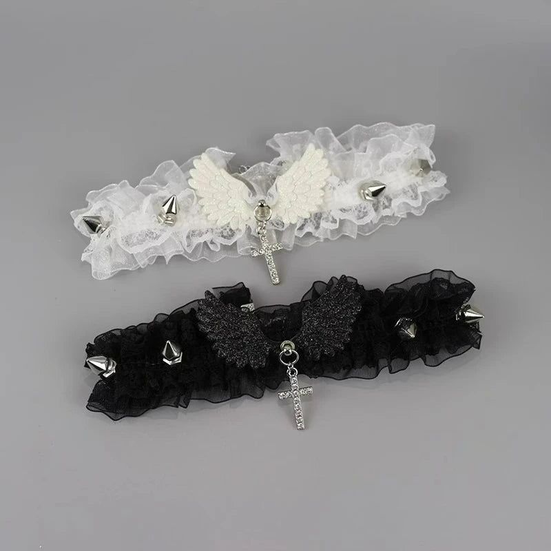 Fashion Solid Color Women Girls Necklace Wide Lace Rivets Lolita Lace Choker Y2K Angel Wings Cool Leather Necklace Daily Wear