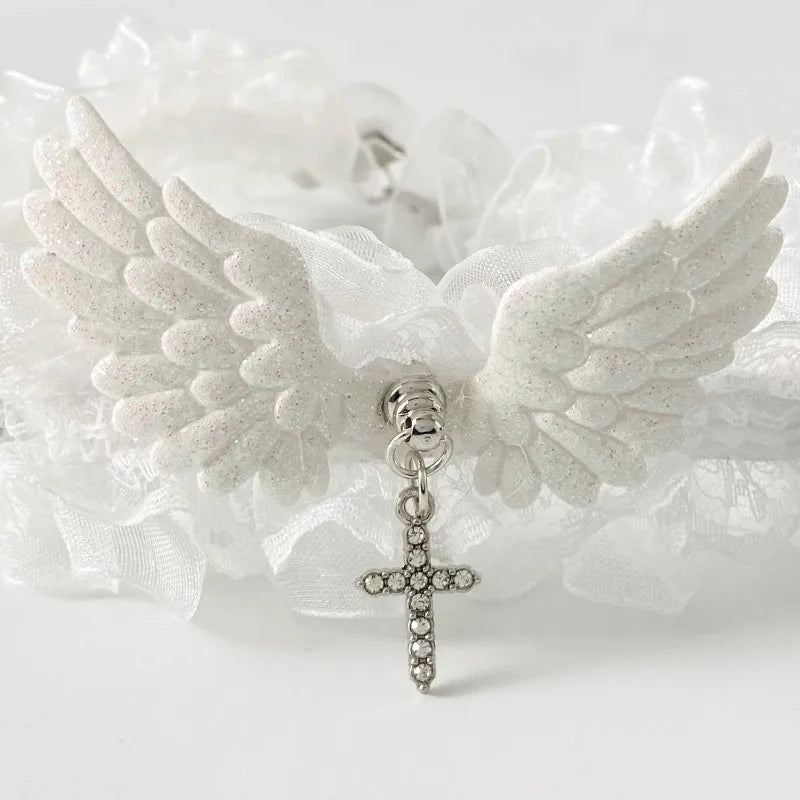 Fashion Solid Color Women Girls Necklace Wide Lace Rivets Lolita Lace Choker Y2K Angel Wings Cool Leather Necklace Daily Wear