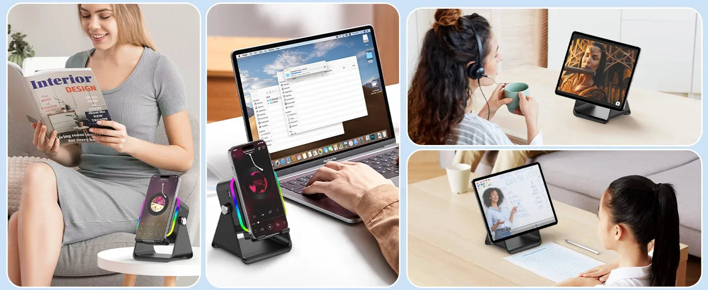 NEW 5 In 1 Auto-induction Wireless Induction Speaker 8 Mode RGB Light Phone Stand Surround Sound Portable Bluetooth Phone Holder