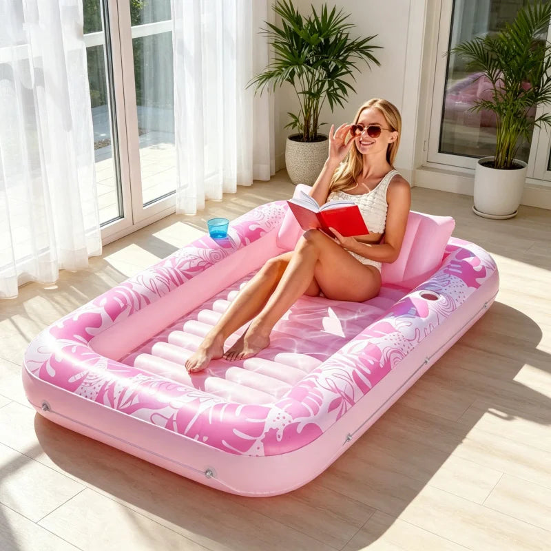 Pink Sun Pool Adult Inflatable Tanning Pool Lounger Large Size Sunbathing Tub Inflatable Floating Water Bed Pool Lounge Rest Tub
