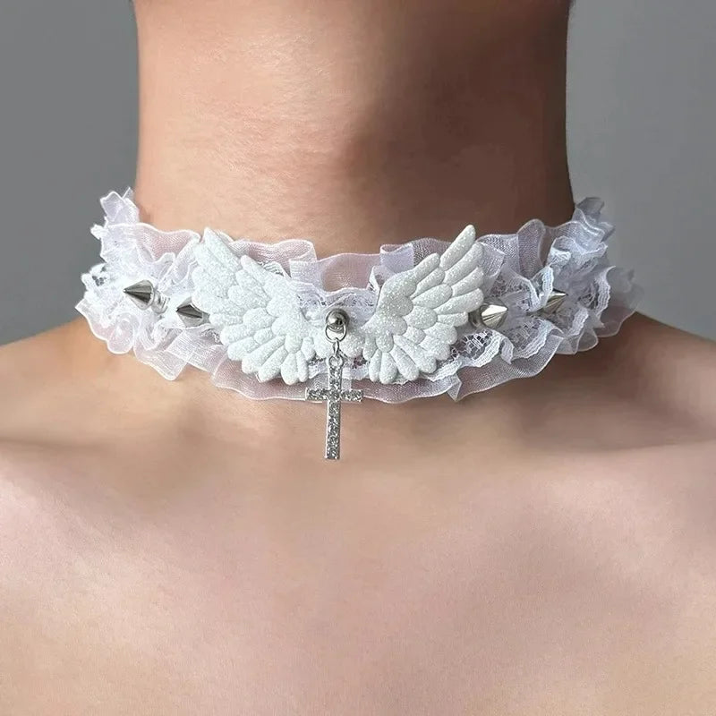 Fashion Solid Color Women Girls Necklace Wide Lace Rivets Lolita Lace Choker Y2K Angel Wings Cool Leather Necklace Daily Wear