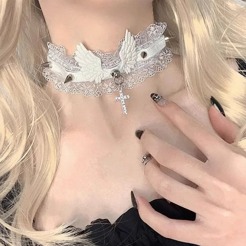 Fashion Solid Color Women Girls Necklace Wide Lace Rivets Lolita Lace Choker Y2K Angel Wings Cool Leather Necklace Daily Wear