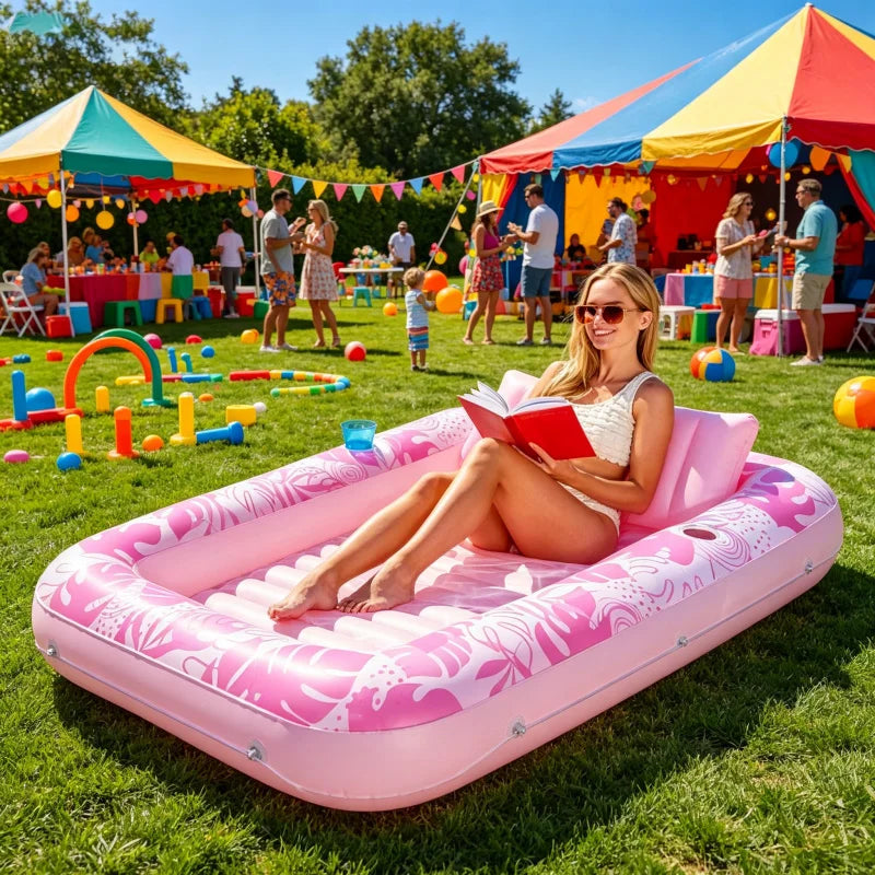 Pink Sun Pool Adult Inflatable Tanning Pool Lounger Large Size Sunbathing Tub Inflatable Floating Water Bed Pool Lounge Rest Tub