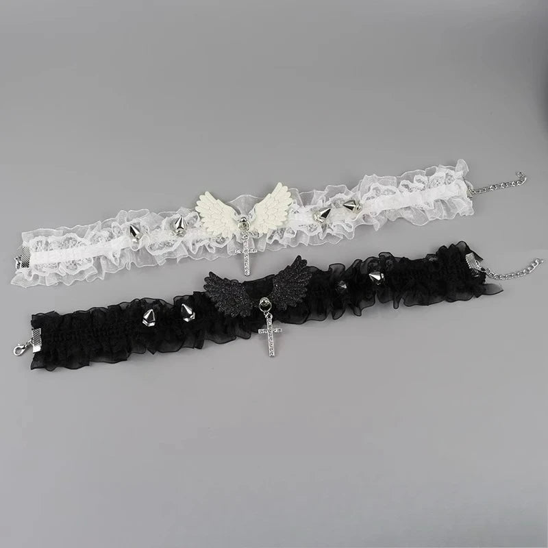 Fashion Solid Color Women Girls Necklace Wide Lace Rivets Lolita Lace Choker Y2K Angel Wings Cool Leather Necklace Daily Wear