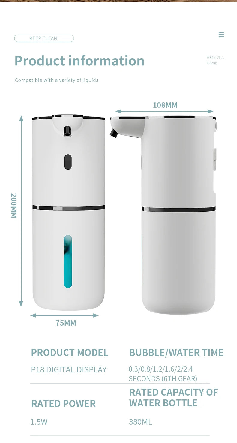 380ML P18 Digital Display 6-Levels Adjustable Foam/Liquid Control Waterproof Automatic Sense Soap Dispenser For Kitchen Bathroom