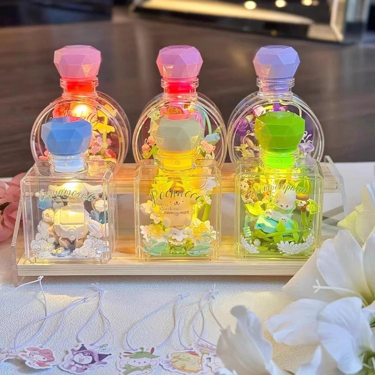 Sanrio perfume Bottle Flower Basket Building Block Ring Surprise Blind Box Toy Model Brick with Lighting Children Festival Gift