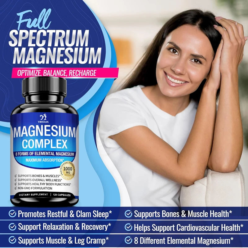 Magnesium Complex Supplement 1000mg -Magnesium Glycinate, Citrate, Malate, Taurate, Chelated for Bones, Muscle, Recovery, Energy