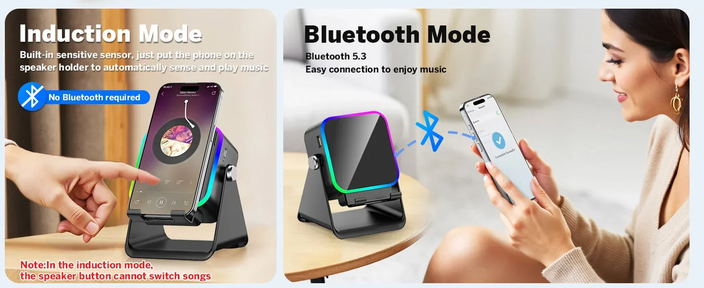 NEW 5 In 1 Auto-induction Wireless Induction Speaker 8 Mode RGB Light Phone Stand Surround Sound Portable Bluetooth Phone Holder