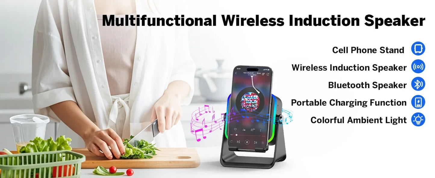 NEW 5 In 1 Auto-induction Wireless Induction Speaker 8 Mode RGB Light Phone Stand Surround Sound Portable Bluetooth Phone Holder