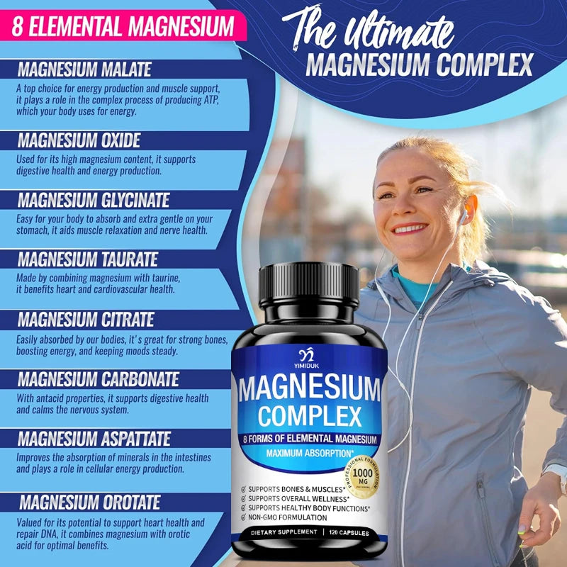 Magnesium Complex Supplement 1000mg -Magnesium Glycinate, Citrate, Malate, Taurate, Chelated for Bones, Muscle, Recovery, Energy