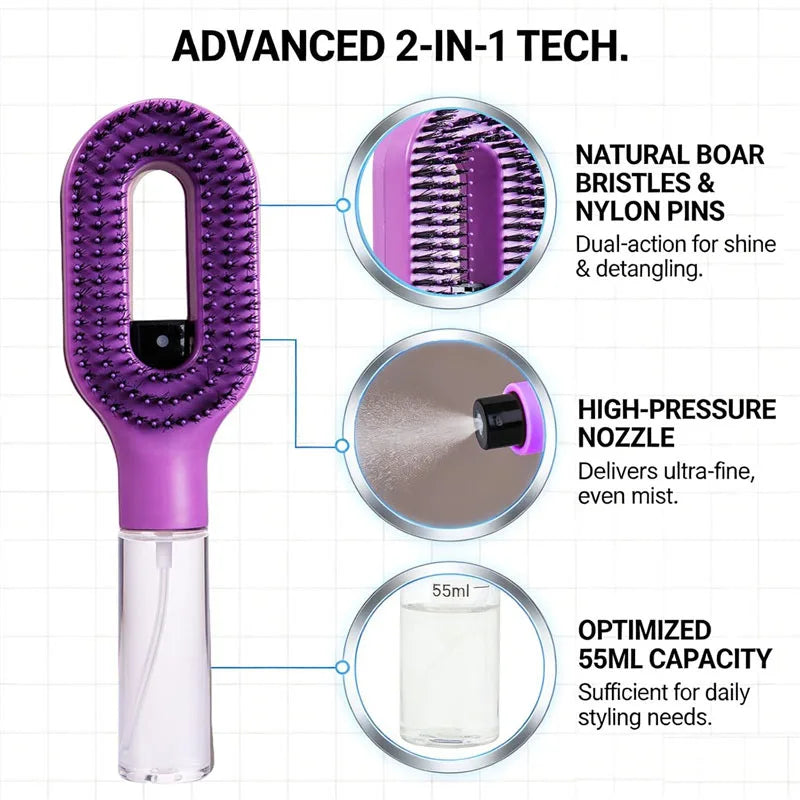 Spray Styling Comb 2 in 1 Portable Hair Brush with Water Spray Anti-static Detangling Brush Wet & Dry Dual Use Hair Styling Tool