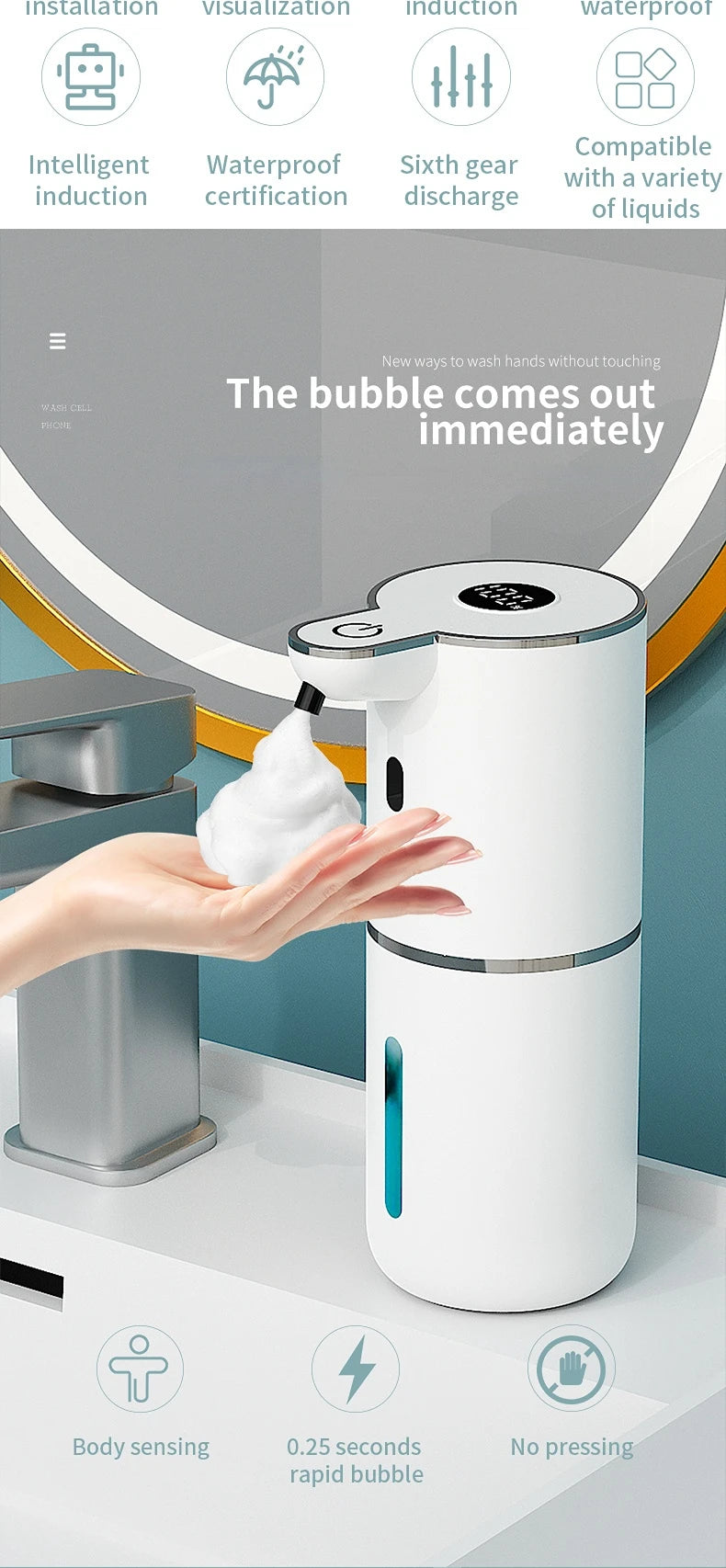 380ML P18 Digital Display 6-Levels Adjustable Foam/Liquid Control Waterproof Automatic Sense Soap Dispenser For Kitchen Bathroom