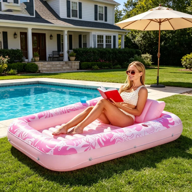 Pink Sun Pool Adult Inflatable Tanning Pool Lounger Large Size Sunbathing Tub Inflatable Floating Water Bed Pool Lounge Rest Tub
