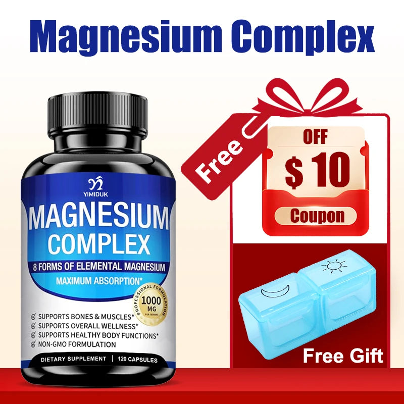 Magnesium Complex Supplement 1000mg -Magnesium Glycinate, Citrate, Malate, Taurate, Chelated for Bones, Muscle, Recovery, Energy