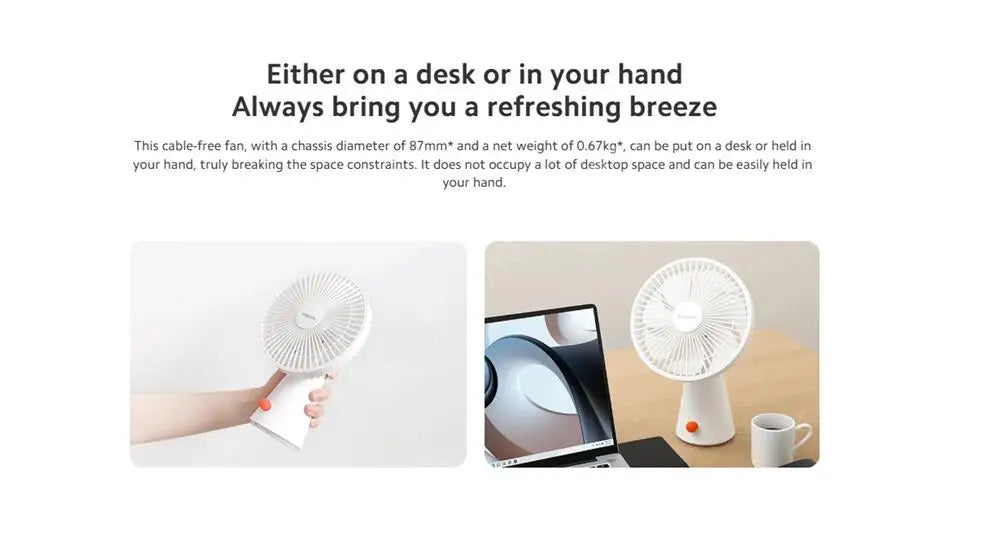 Mijia Portable Desk Fan USB Rechargeable Handheld Mini Electric Fans Cordless Air Cooling Small Fan 4 Gears Speed