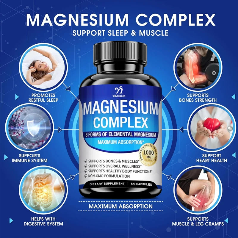 Magnesium Complex Supplement 1000mg -Magnesium Glycinate, Citrate, Malate, Taurate, Chelated for Bones, Muscle, Recovery, Energy