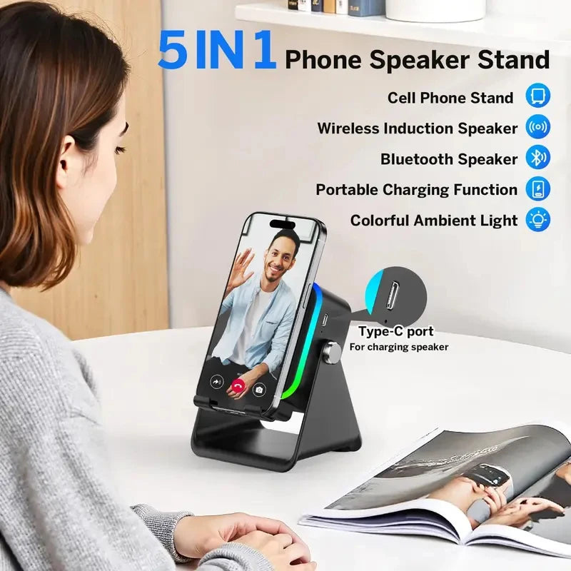 NEW 5 In 1 Auto-induction Wireless Induction Speaker 8 Mode RGB Light Phone Stand Surround Sound Portable Bluetooth Phone Holder