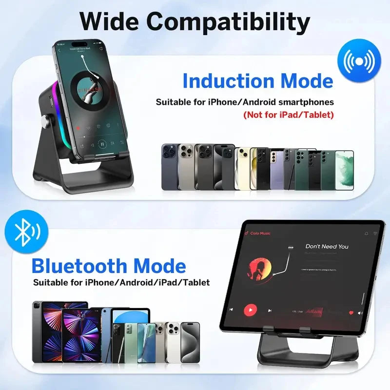 NEW 5 In 1 Auto-induction Wireless Induction Speaker 8 Mode RGB Light Phone Stand Surround Sound Portable Bluetooth Phone Holder