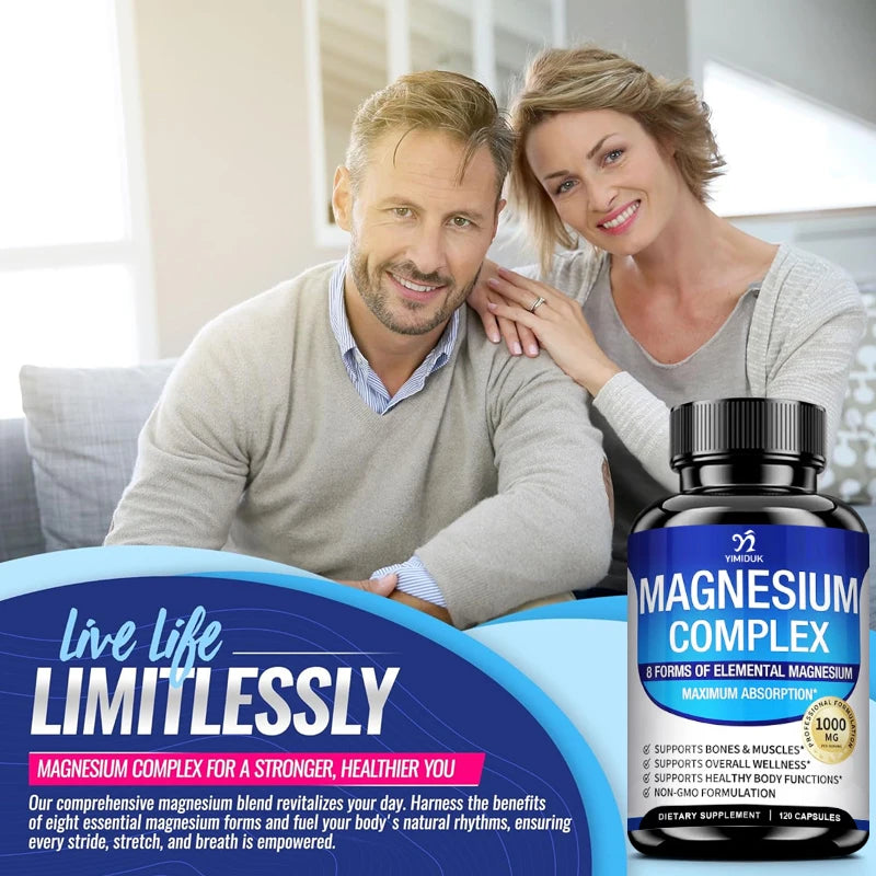 Magnesium Complex Supplement 1000mg -Magnesium Glycinate, Citrate, Malate, Taurate, Chelated for Bones, Muscle, Recovery, Energy